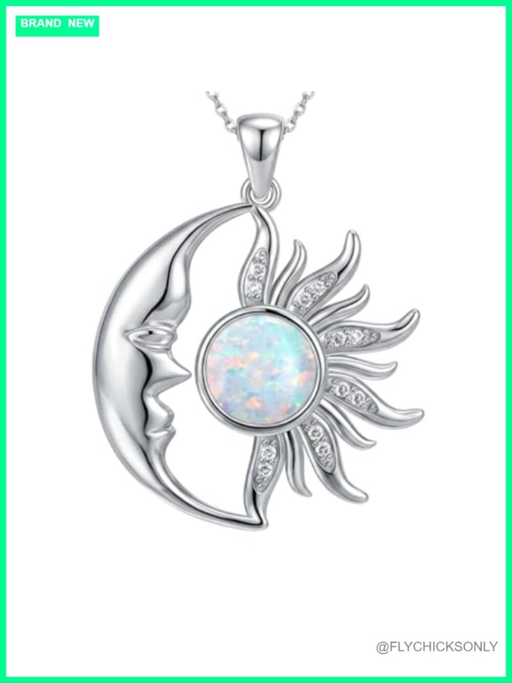 925 Sterling Silver Opal Sun Moon Pendant Necklace with Diamonds 18+2in Chain